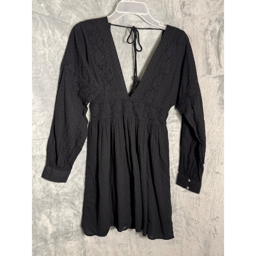 Free People Black Swiss Dot Lace Trim V-Neck Mini Dress Size S NEW NWT